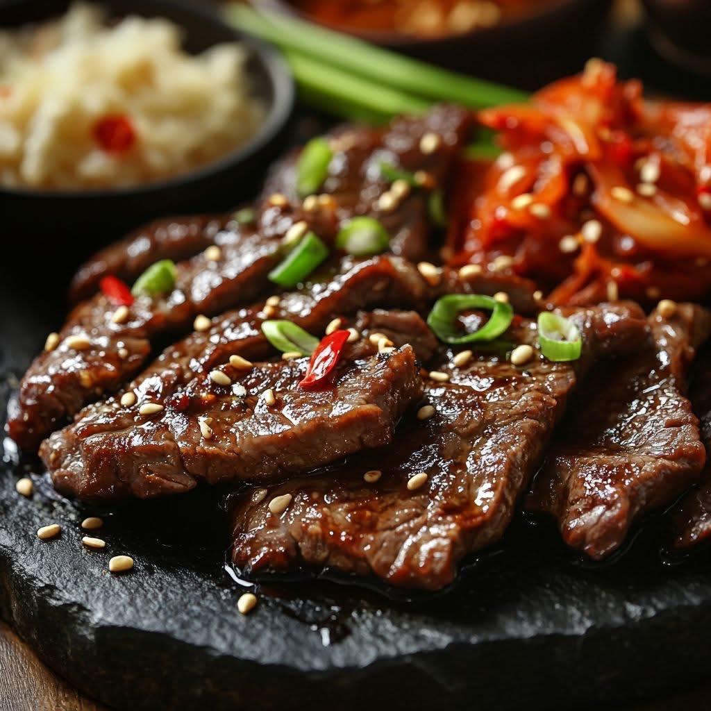Glazed beef with sesame, chilli and kimchi