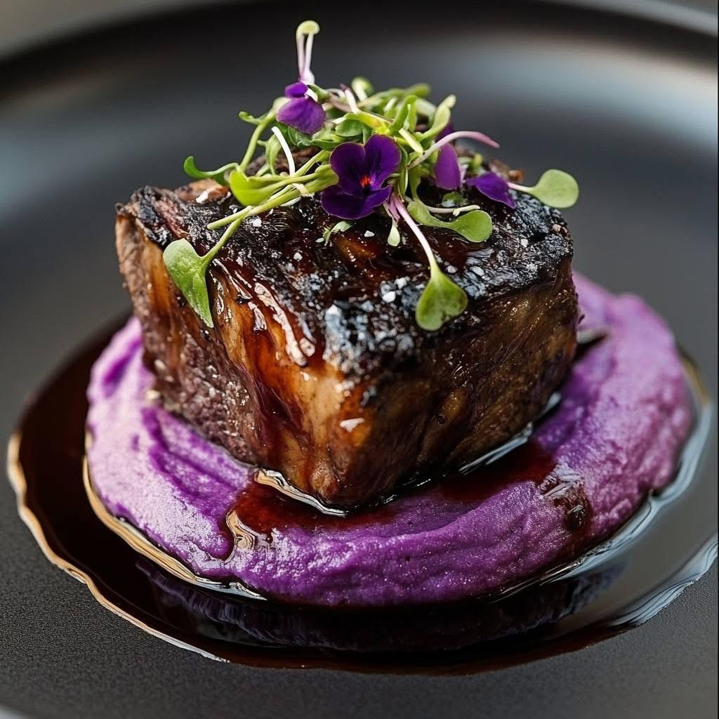 Glazed beef over purple potato purée