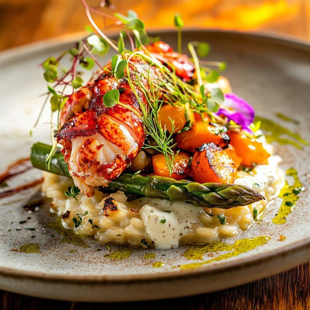 Lobster with asparagus, herbs and risotto