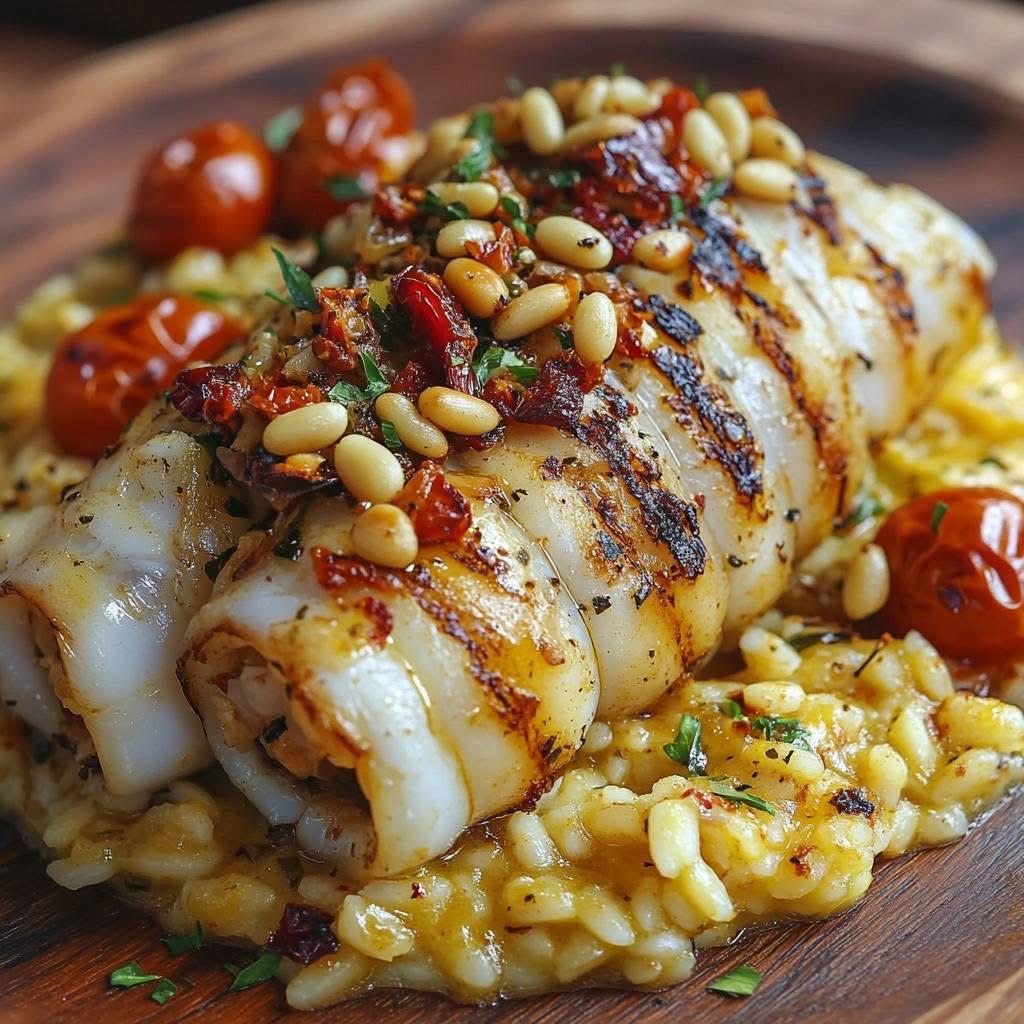 Grilled seafood with pine nuts and roasted tomatoes